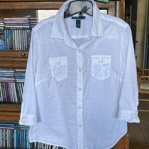 KAREN SCOTT PETITES 100% Semi-Sheer Cotton 3/4 Sleeve Button Down Shirt Large(P)